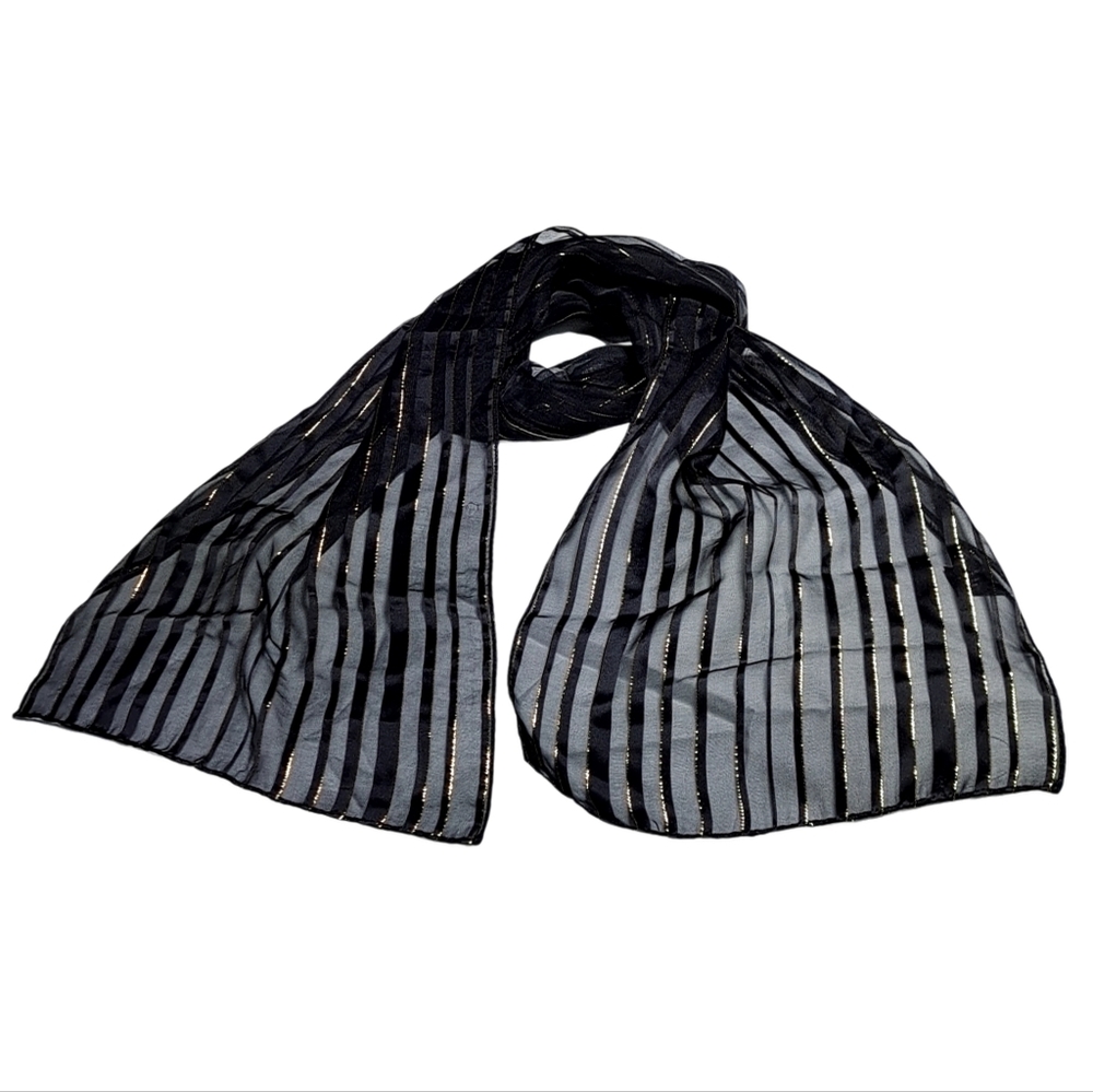 🌲10/$20. GALLERY ORIGINALS~ Black and Gold Striped Semitransparent Sheer Scarf